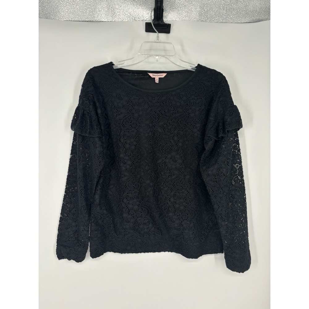 Juicy Couture Black Lace Ruffle Shoulder Sheer Long Sleeve Top Blouse Medium